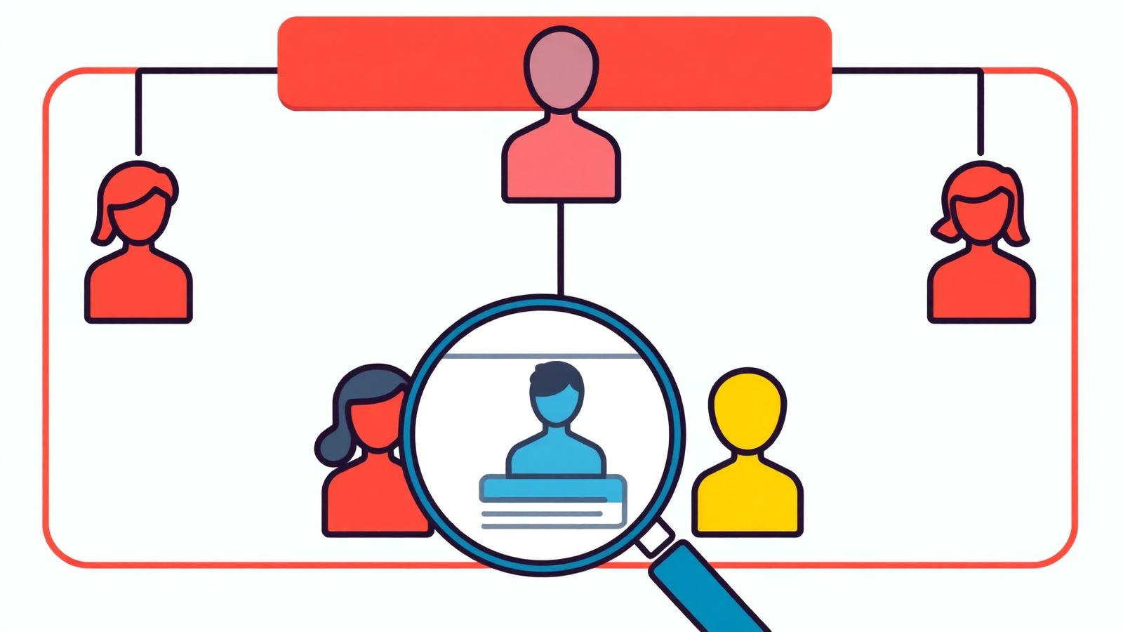 Colourful illustration of an org chart with a magnifying glass over a decision-maker profile