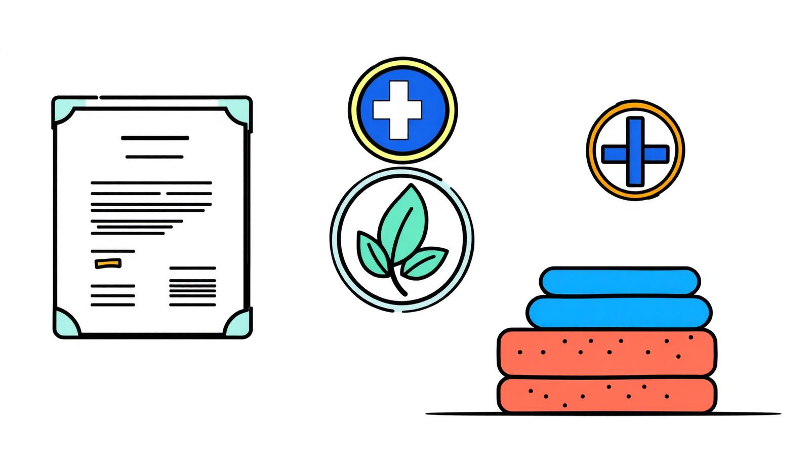 Colourful illustration of compliance certificates, an eco leaf badge and stacked construction materials