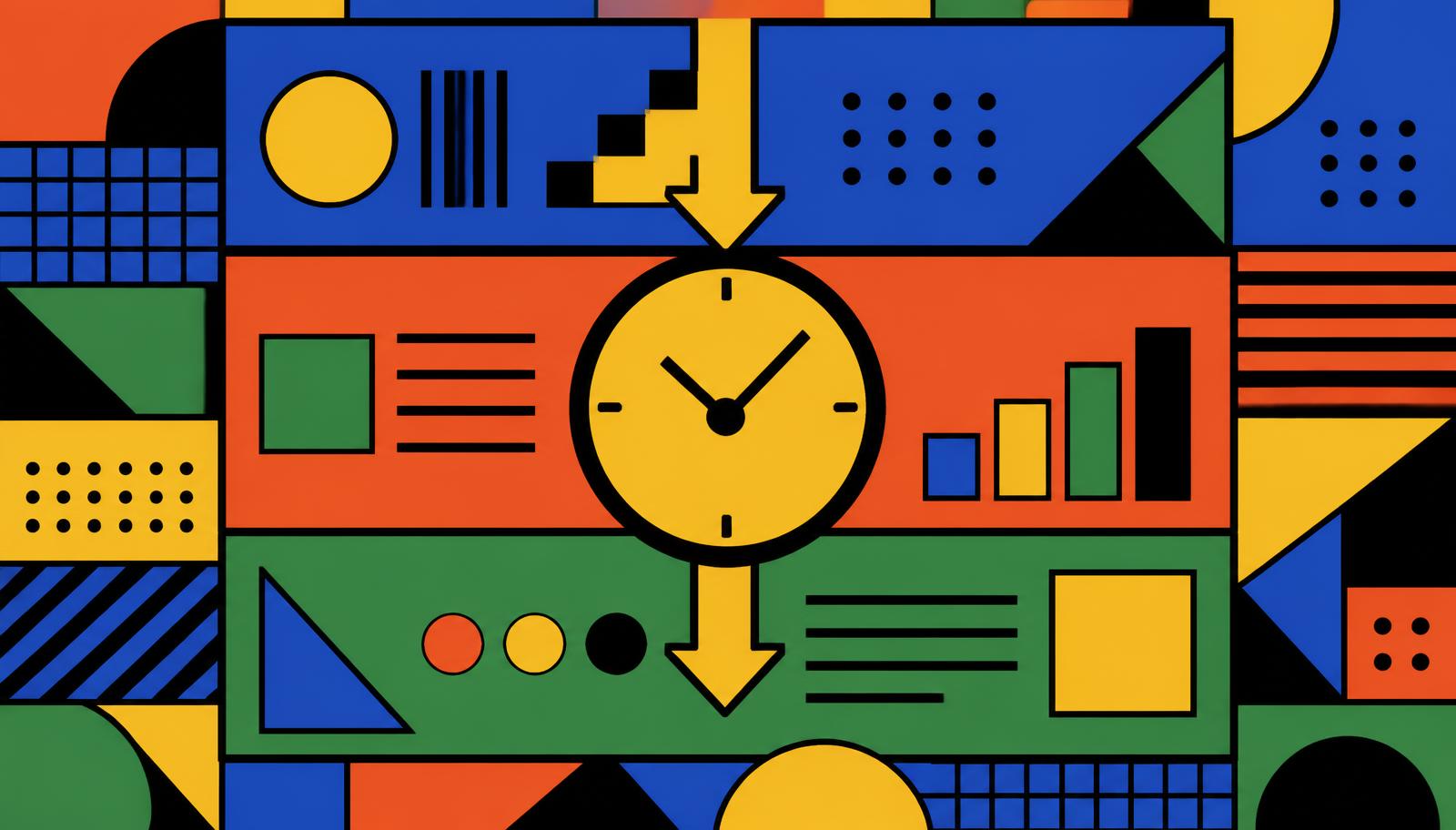 Colourful geometric illustration of three timeline phases with a clock highlighting the middle window