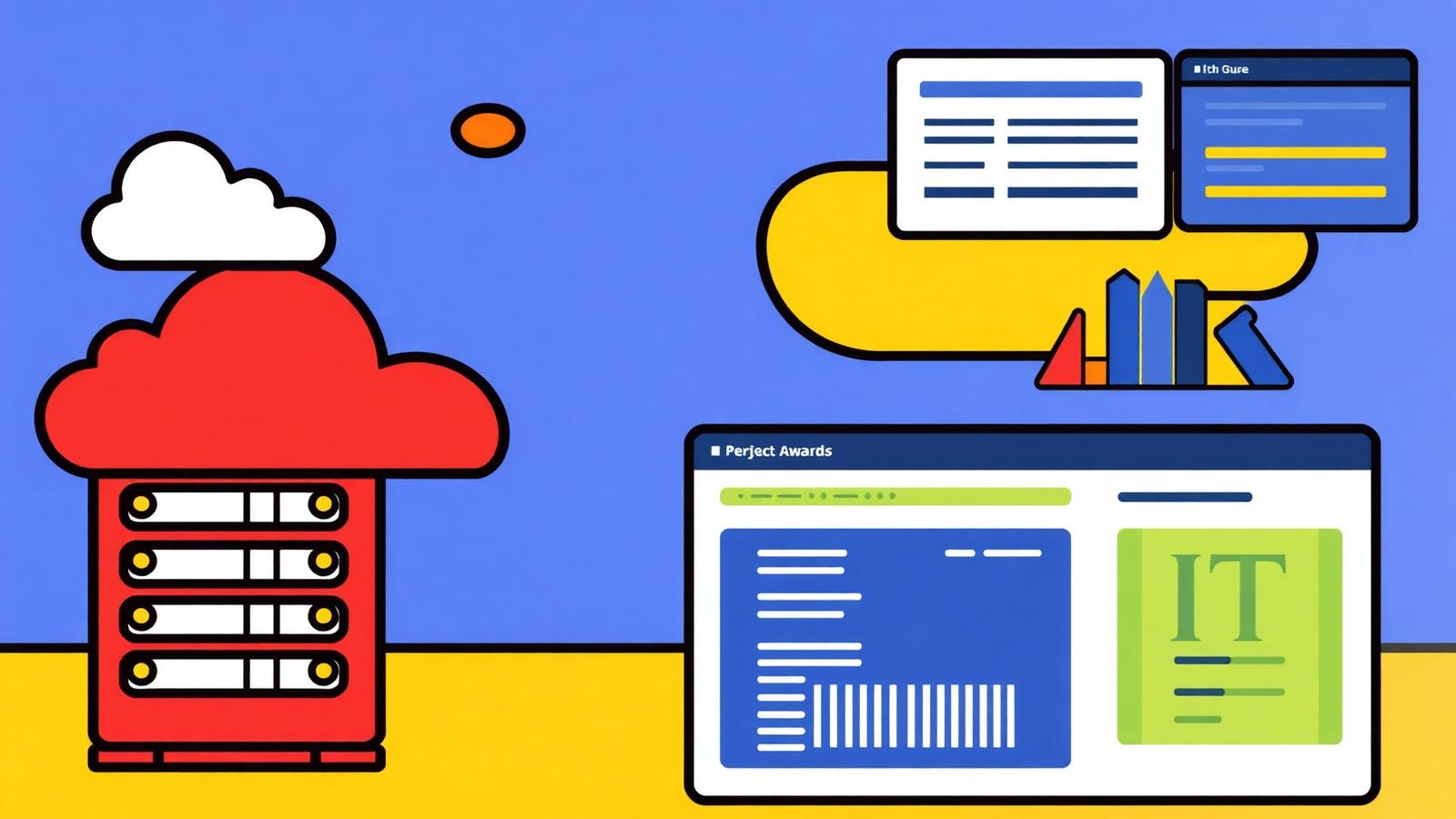 Colourful geometric illustration of cloud servers, code brackets and an IT contract award dashboard