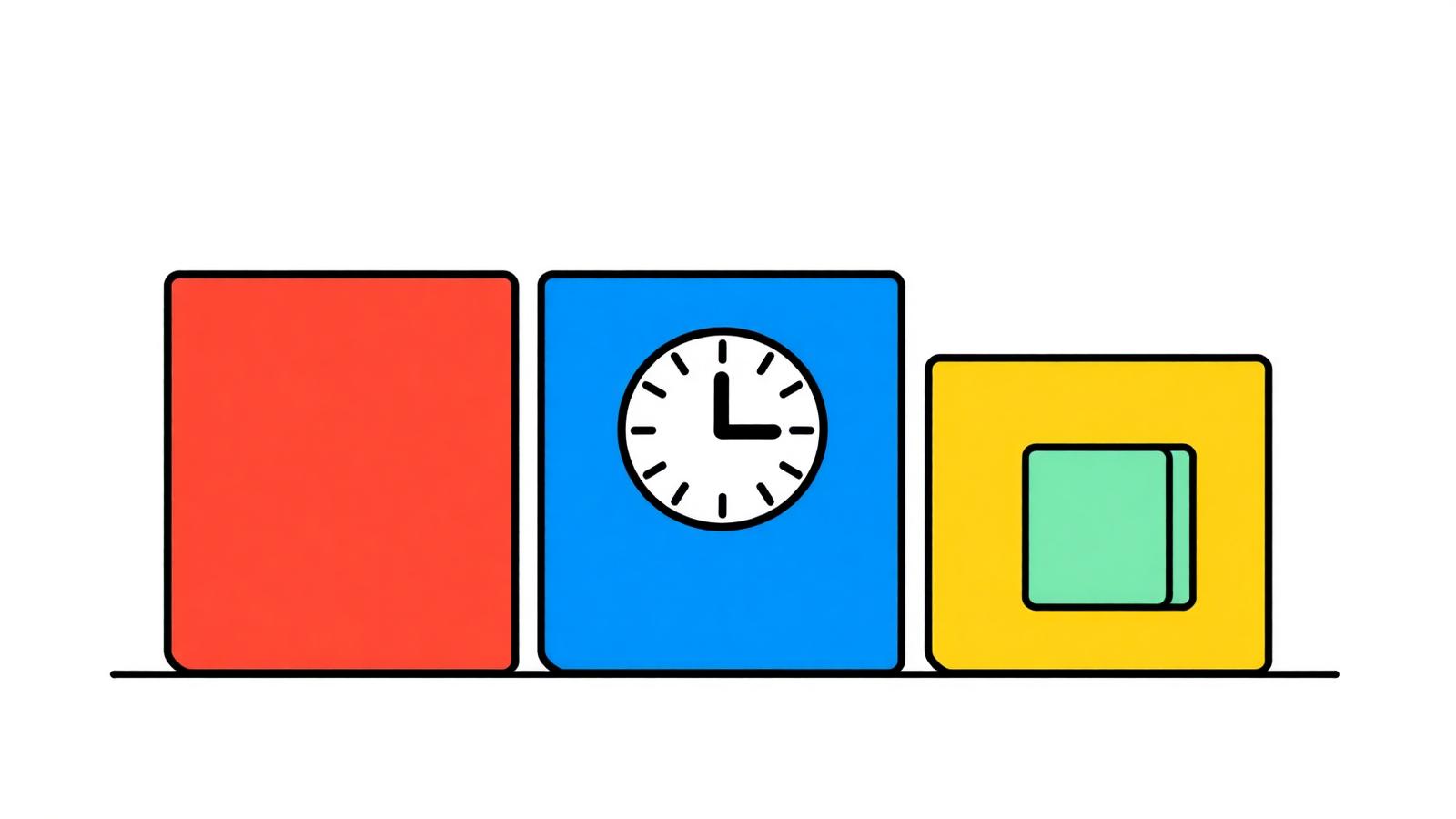 Colourful geometric illustration of three project phases with the middle phase highlighted by a clock