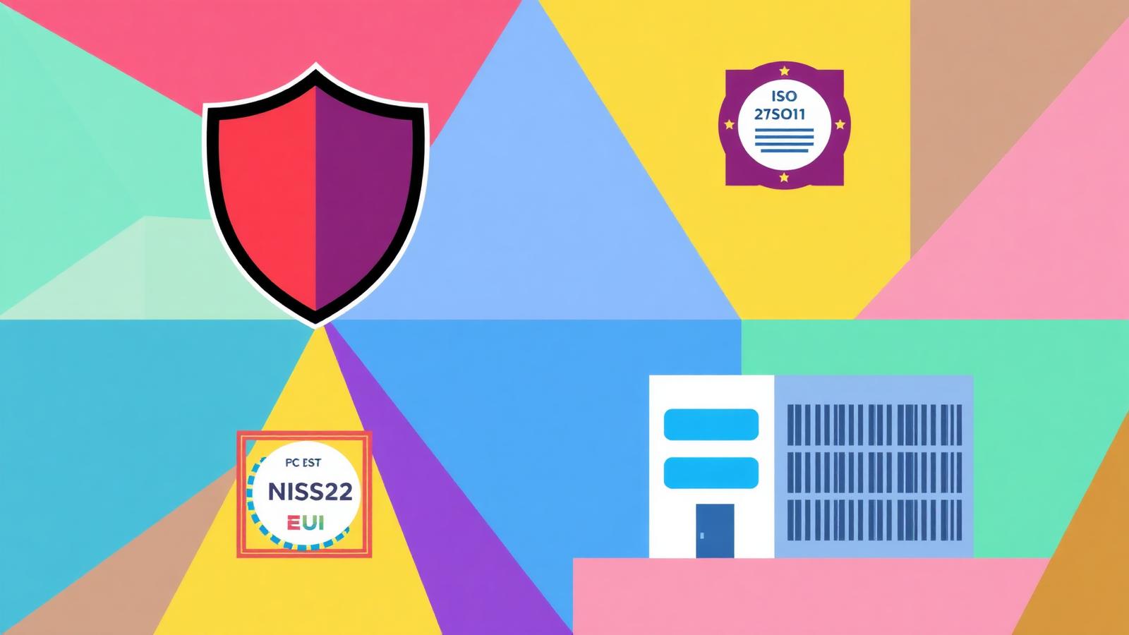 Colourful illustration of a security shield, ISO 27001 and NIS2 certification badges and an EU data centre